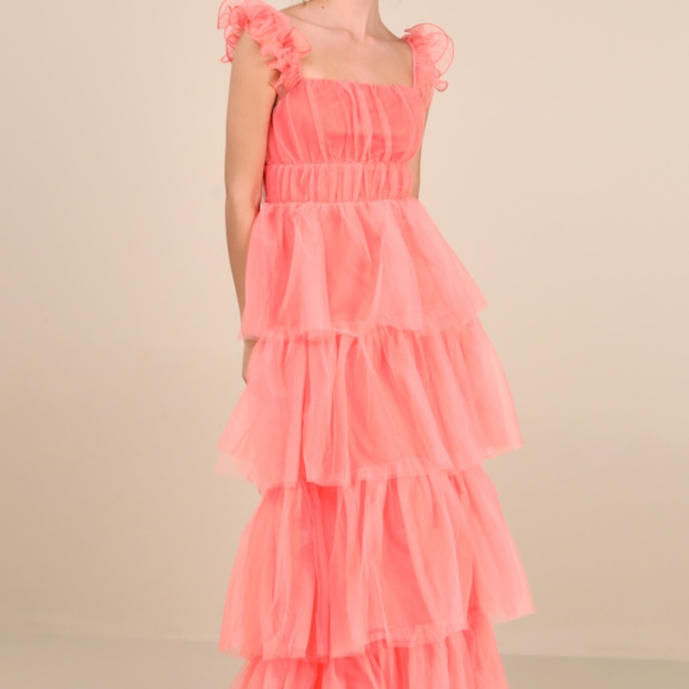 Lulus Tulle For Love Coral Pink Mesh Tulle Tiered Ruffled Maxi Dress - Size XXL
